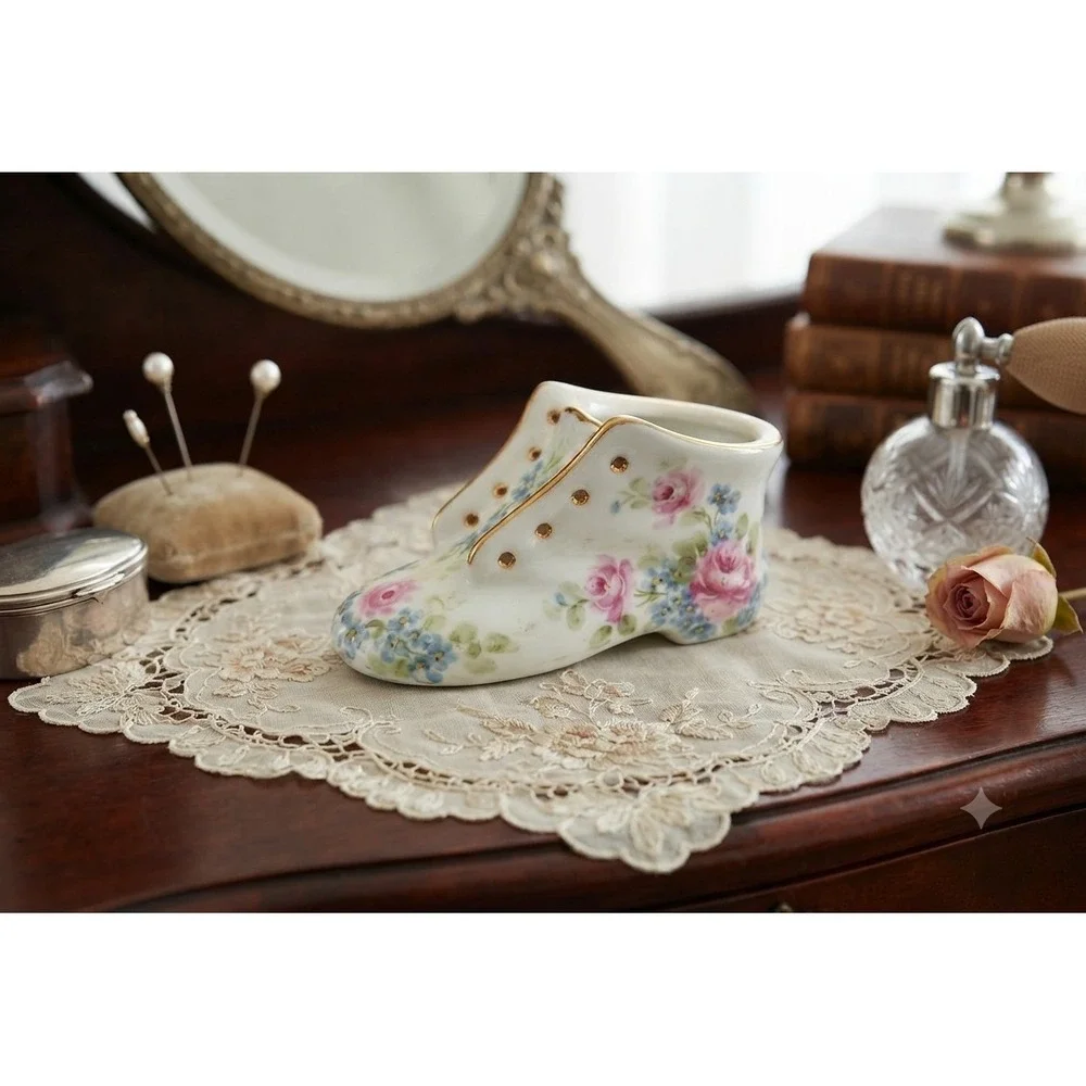 Vintage Hand Painted Porcelain Baby Shoe Figurine Floral Gold Gilt Signed 1972